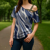 Polynesian Puakeniken Pikake Twisted Lei Cross Shoulder Shirt Navy Blue - Polynesian Pride