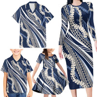 Polynesian Puakeniken Pikake Twisted Lei Family Matching Long Sleeve Bodycon Dress and Hawaiian Shirt Navy Blue - Polynesian Pride
