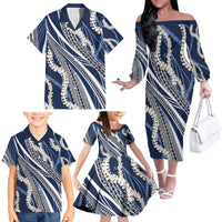 Polynesian Puakeniken Pikake Twisted Lei Family Matching Off The Shoulder Long Sleeve Dress and Hawaiian Shirt Navy Blue - Polynesian Pride