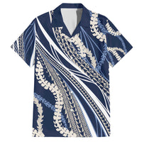 Polynesian Puakeniken Pikake Twisted Lei Family Matching Off The Shoulder Long Sleeve Dress and Hawaiian Shirt Navy Blue - Polynesian Pride