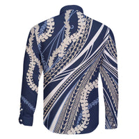 Polynesian Puakeniken Pikake Twisted Lei Family Matching Off The Shoulder Long Sleeve Dress and Hawaiian Shirt Navy Blue - Polynesian Pride