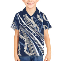 Polynesian Puakeniken Pikake Twisted Lei Family Matching Off The Shoulder Long Sleeve Dress and Hawaiian Shirt Navy Blue - Polynesian Pride