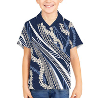 Polynesian Puakeniken Pikake Twisted Lei Family Matching Off The Shoulder Long Sleeve Dress and Hawaiian Shirt Navy Blue LT7 Son's Shirt Navy Blue - Polynesian Pride