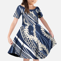 Polynesian Puakeniken Pikake Twisted Lei Family Matching Off Shoulder Maxi Dress and Hawaiian Shirt Navy Blue - Polynesian Pride