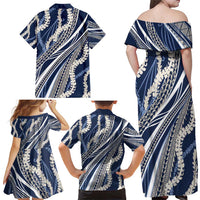Polynesian Puakeniken Pikake Twisted Lei Family Matching Off Shoulder Maxi Dress and Hawaiian Shirt Navy Blue - Polynesian Pride