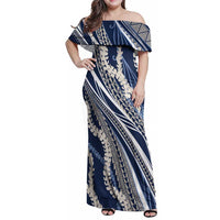 Polynesian Puakeniken Pikake Twisted Lei Family Matching Off Shoulder Maxi Dress and Hawaiian Shirt Navy Blue - Polynesian Pride