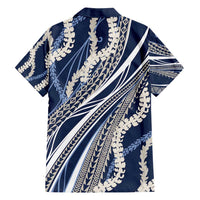 Polynesian Puakeniken Pikake Twisted Lei Family Matching Off Shoulder Short Dress and Hawaiian Shirt Navy Blue - Polynesian Pride