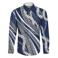 Polynesian Puakeniken Pikake Twisted Lei Family Matching Off Shoulder Short Dress and Hawaiian Shirt Navy Blue LT7 Dad's Shirt - Long Sleeve Navy Blue - Polynesian Pride