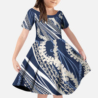 Polynesian Puakeniken Pikake Twisted Lei Family Matching Tank Maxi Dress and Hawaiian Shirt Navy Blue LT7 Daughter's Dress Navy Blue - Polynesian Pride
