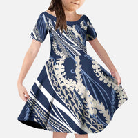 Polynesian Puakeniken Pikake Twisted Lei Kid Short Sleeve Dress Navy Blue - Polynesian Pride