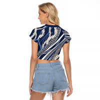 Polynesian Puakeniken Pikake Twisted Lei Raglan Cropped T Shirt Navy Blue - Polynesian Pride