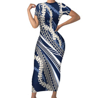 Polynesian Puakeniken Pikake Twisted Lei Short Sleeve Bodycon Dress Navy Blue - Polynesian Pride