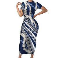 Polynesian Puakeniken Pikake Twisted Lei Short Sleeve Bodycon Dress Navy Blue LT7 Long Dress Navy Blue - Polynesian Pride