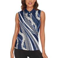 Polynesian Puakeniken Pikake Twisted Lei Women Sleeveless Polo Shirt Navy Blue - Polynesian Pride
