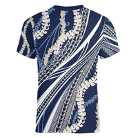 Polynesian Puakeniken Pikake Twisted Lei Women V-Neck T-Shirt Navy Blue - Polynesian Pride