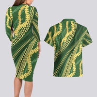 Polynesian Puakeniken Pikake Twisted Lei Couples Matching Long Sleeve Bodycon Dress and Hawaiian Shirt Emerald - Polynesian Pride