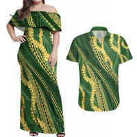 Polynesian Puakeniken Pikake Twisted Lei Couples Matching Off Shoulder Maxi Dress and Hawaiian Shirt Emerald LT7 Emerald - Polynesian Pride