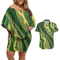 Polynesian Puakeniken Pikake Twisted Lei Couples Matching Off Shoulder Short Dress and Hawaiian Shirt Emerald LT7 Emerald - Polynesian Pride