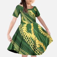 Polynesian Puakeniken Pikake Twisted Lei Family Matching Long Sleeve Bodycon Dress and Hawaiian Shirt Emerald LT7 Daughter's Dress Emerald - Polynesian Pride