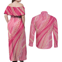 Polynesian Puakeniken Pikake Twisted Lei Couples Matching Off Shoulder Maxi Dress and Long Sleeve Button Shirt Rose Pink - Polynesian Pride