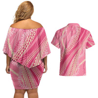Polynesian Puakeniken Pikake Twisted Lei Couples Matching Off Shoulder Short Dress and Hawaiian Shirt Rose Pink - Polynesian Pride