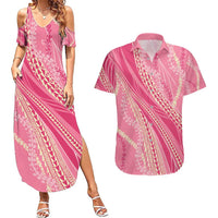 Polynesian Puakeniken Pikake Twisted Lei Couples Matching Summer Maxi Dress and Hawaiian Shirt Rose Pink - Polynesian Pride