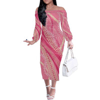 Polynesian Puakeniken Pikake Twisted Lei Family Matching Off The Shoulder Long Sleeve Dress and Hawaiian Shirt Rose Pink - Polynesian Pride