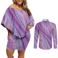 Polynesian Puakeniken Pikake Twisted Lei Couples Matching Off Shoulder Short Dress and Long Sleeve Button Shirt Amethys - Polynesian Pride