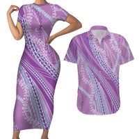 Polynesian Puakeniken Pikake Twisted Lei Couples Matching Short Sleeve Bodycon Dress and Hawaiian Shirt Amethys - Polynesian Pride