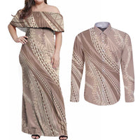 Polynesian Puakeniken Pikake Twisted Lei Couples Matching Off Shoulder Maxi Dress and Long Sleeve Button Shirt Beige - Polynesian Pride