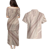 Polynesian Puakeniken Pikake Twisted Lei Couples Matching Puletasi and Hawaiian Shirt Beige LT7 - Polynesian Pride