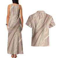 Polynesian Puakeniken Pikake Twisted Lei Couples Matching Tank Maxi Dress and Hawaiian Shirt Beige - Polynesian Pride