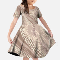 Polynesian Puakeniken Pikake Twisted Lei Family Matching Long Sleeve Bodycon Dress and Hawaiian Shirt Beige LT7 Daughter's Dress Beige - Polynesian Pride