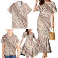 Polynesian Puakeniken Pikake Twisted Lei Family Matching Mermaid Dress and Hawaiian Shirt Beige - Polynesian Pride