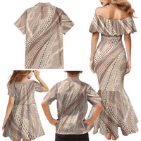 Polynesian Puakeniken Pikake Twisted Lei Family Matching Mermaid Dress and Hawaiian Shirt Beige LT7 - Polynesian Pride