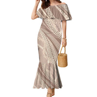 Polynesian Puakeniken Pikake Twisted Lei Family Matching Mermaid Dress and Hawaiian Shirt Beige - Polynesian Pride