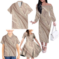 Polynesian Puakeniken Pikake Twisted Lei Family Matching Off The Shoulder Long Sleeve Dress and Hawaiian Shirt Beige - Polynesian Pride