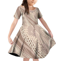 Polynesian Puakeniken Pikake Twisted Lei Family Matching Off Shoulder Short Dress and Hawaiian Shirt Beige LT7 Daughter's Dress Beige - Polynesian Pride