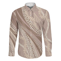 Polynesian Puakeniken Pikake Twisted Lei Family Matching Summer Maxi Dress and Hawaiian Shirt Beige LT7 Dad's Shirt - Long Sleeve Beige - Polynesian Pride