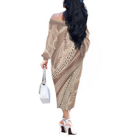 Polynesian Puakeniken Pikake Twisted Lei Off The Shoulder Long Sleeve Dress Beige - Polynesian Pride