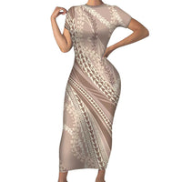 Polynesian Puakeniken Pikake Twisted Lei Short Sleeve Bodycon Dress Beige LT7 Long Dress Beige - Polynesian Pride