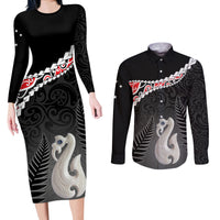 Personalised New Zealand Maori Couples Matching Long Sleeve Bodycon Dress and Long Sleeve Button Shirt Manaia Mix Koru LT7 Black - Polynesian Pride