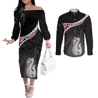Personalised New Zealand Maori Couples Matching Off The Shoulder Long Sleeve Dress and Long Sleeve Button Shirt Manaia Mix Koru LT7 Black - Polynesian Pride
