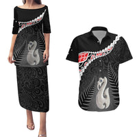Personalised New Zealand Maori Couples Matching Puletasi and Hawaiian Shirt Manaia Mix Koru LT7 Black - Polynesian Pride