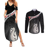 Personalised New Zealand Maori Couples Matching Summer Maxi Dress and Long Sleeve Button Shirt Manaia Mix Koru LT7 Black - Polynesian Pride