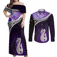 Personalised New Zealand Maori Couples Matching Off Shoulder Maxi Dress and Long Sleeve Button Shirt Manaia Paua Shell Purple LT7 Purple - Polynesian Pride