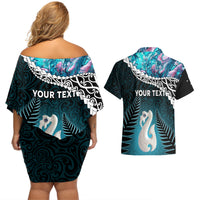 Personalised New Zealand Maori Couples Matching Off Shoulder Short Dress and Hawaiian Shirt Manaia Paua Shell Turquoise LT7 - Polynesian Pride