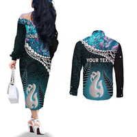 Personalised New Zealand Maori Couples Matching Off The Shoulder Long Sleeve Dress and Long Sleeve Button Shirt Manaia Paua Shell Turquoise LT7 - Polynesian Pride