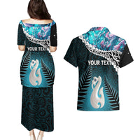 Personalised New Zealand Maori Couples Matching Puletasi and Hawaiian Shirt Manaia Paua Shell Turquoise LT7 - Polynesian Pride