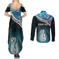 Personalised New Zealand Maori Couples Matching Summer Maxi Dress and Long Sleeve Button Shirt Manaia Paua Shell Turquoise LT7 - Polynesian Pride